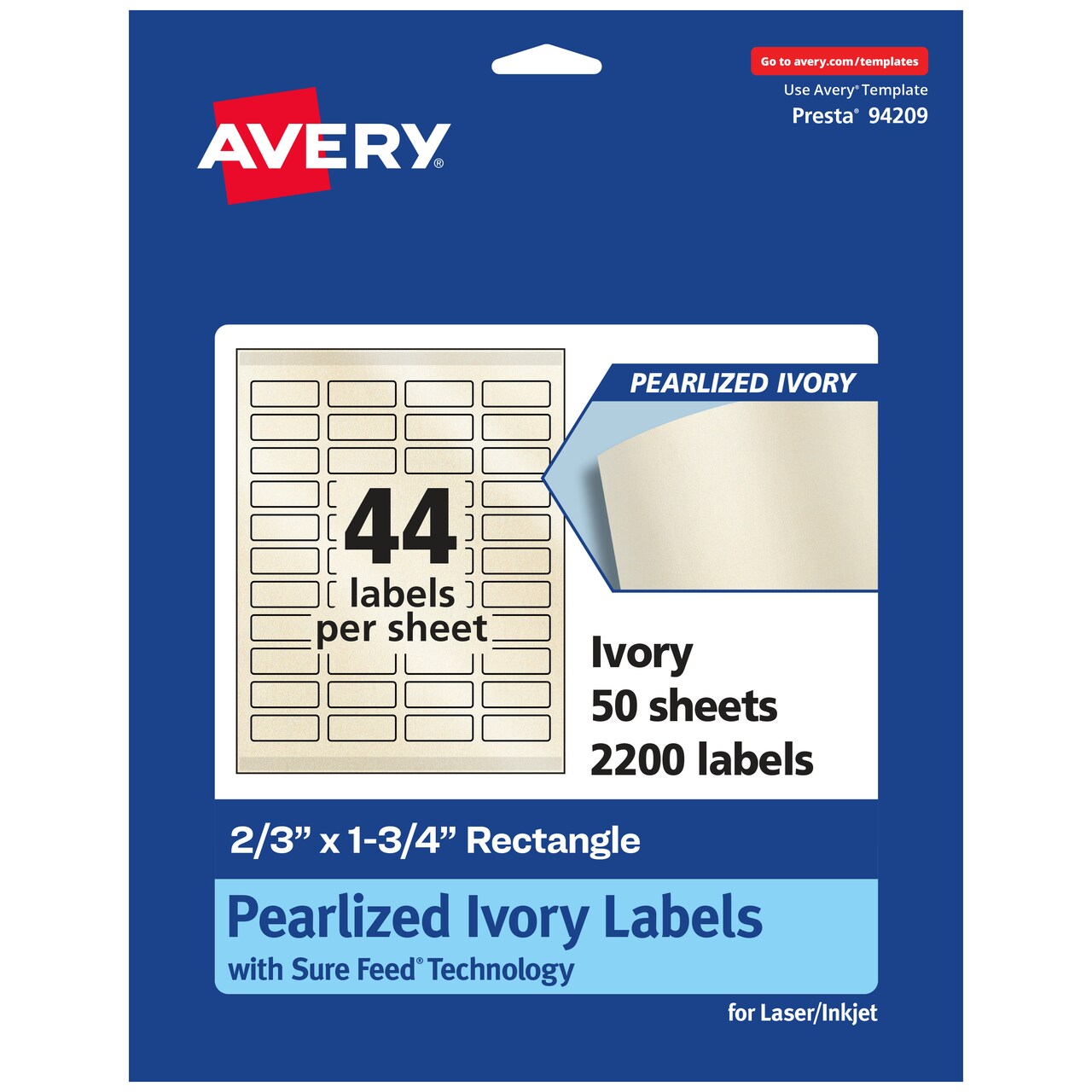 Avery Pearlized Ivory Rectangle Labels with Sure Feed Technology, Print-to-the-Edge, 2/3" x 1-3/4"